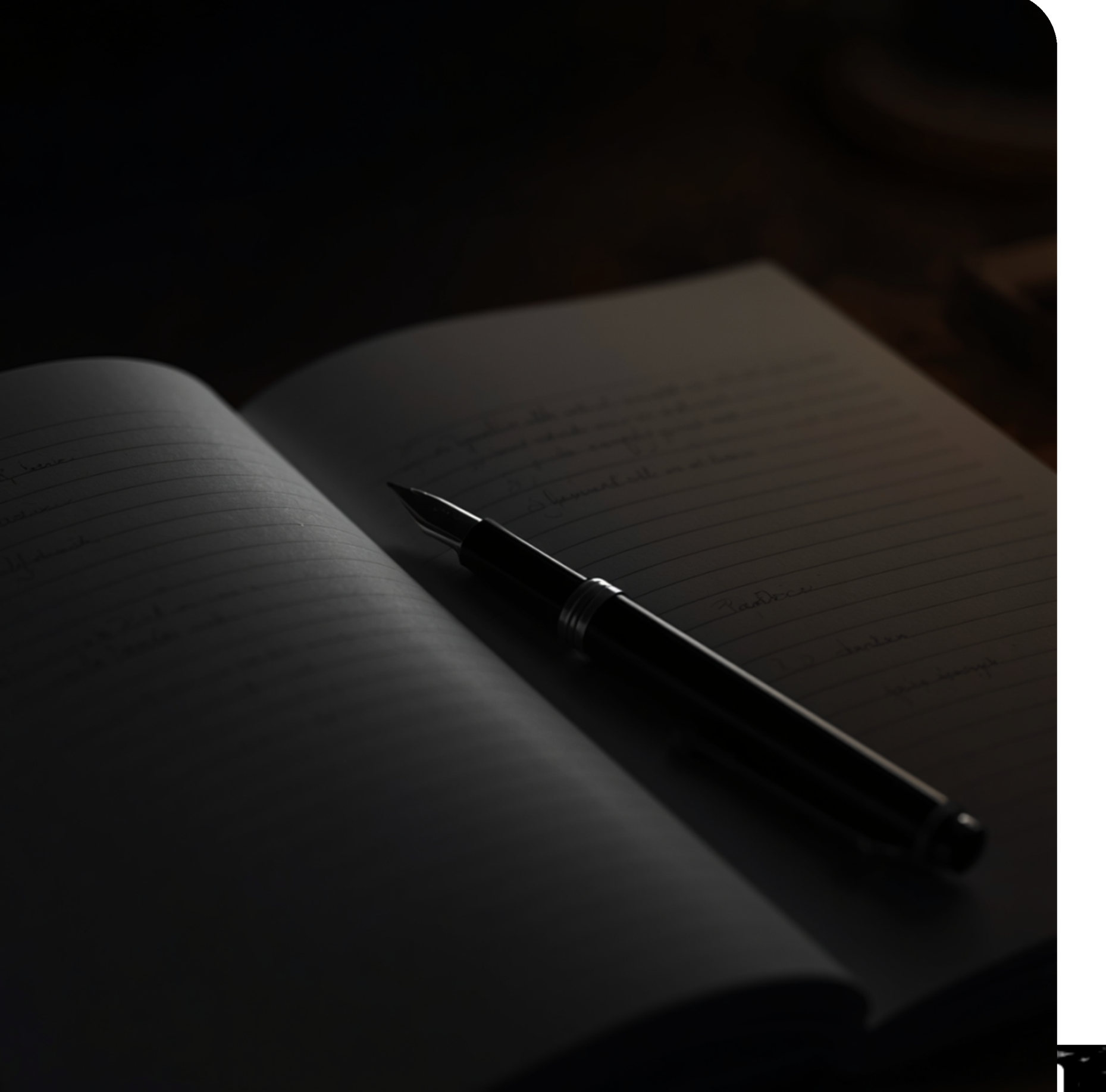 Carnet et stylo-plume éclairés dans la pénombre