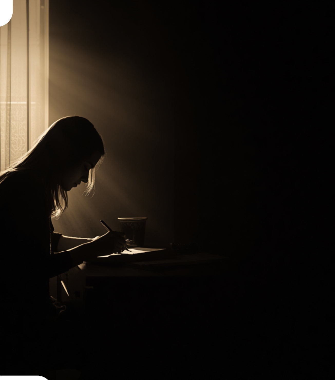 Silhouette d'une autrice écrivant dans un rai de lumière