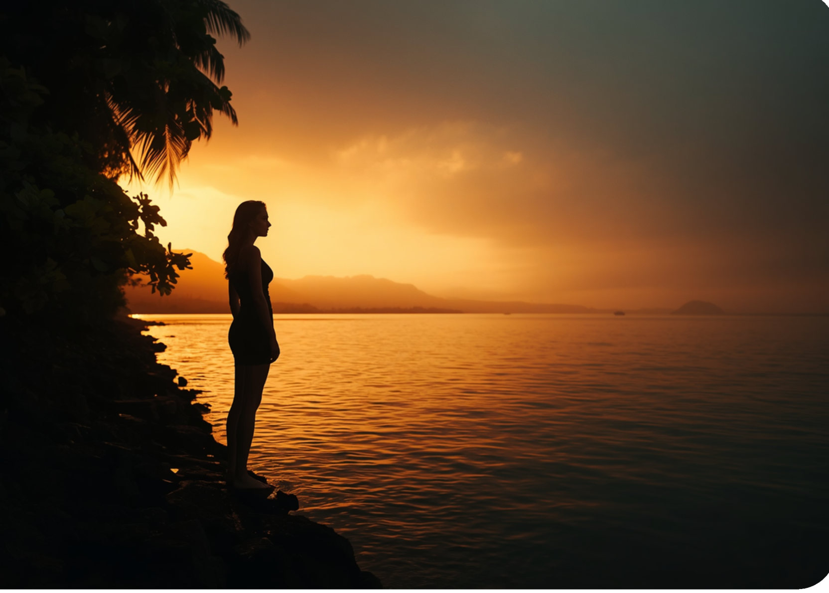 Silhouette d'une femme face à un coucher de soleil sur la mer